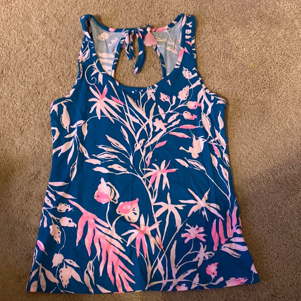 Lilly Pulitzer teal and pink tank with tassel tie size small
